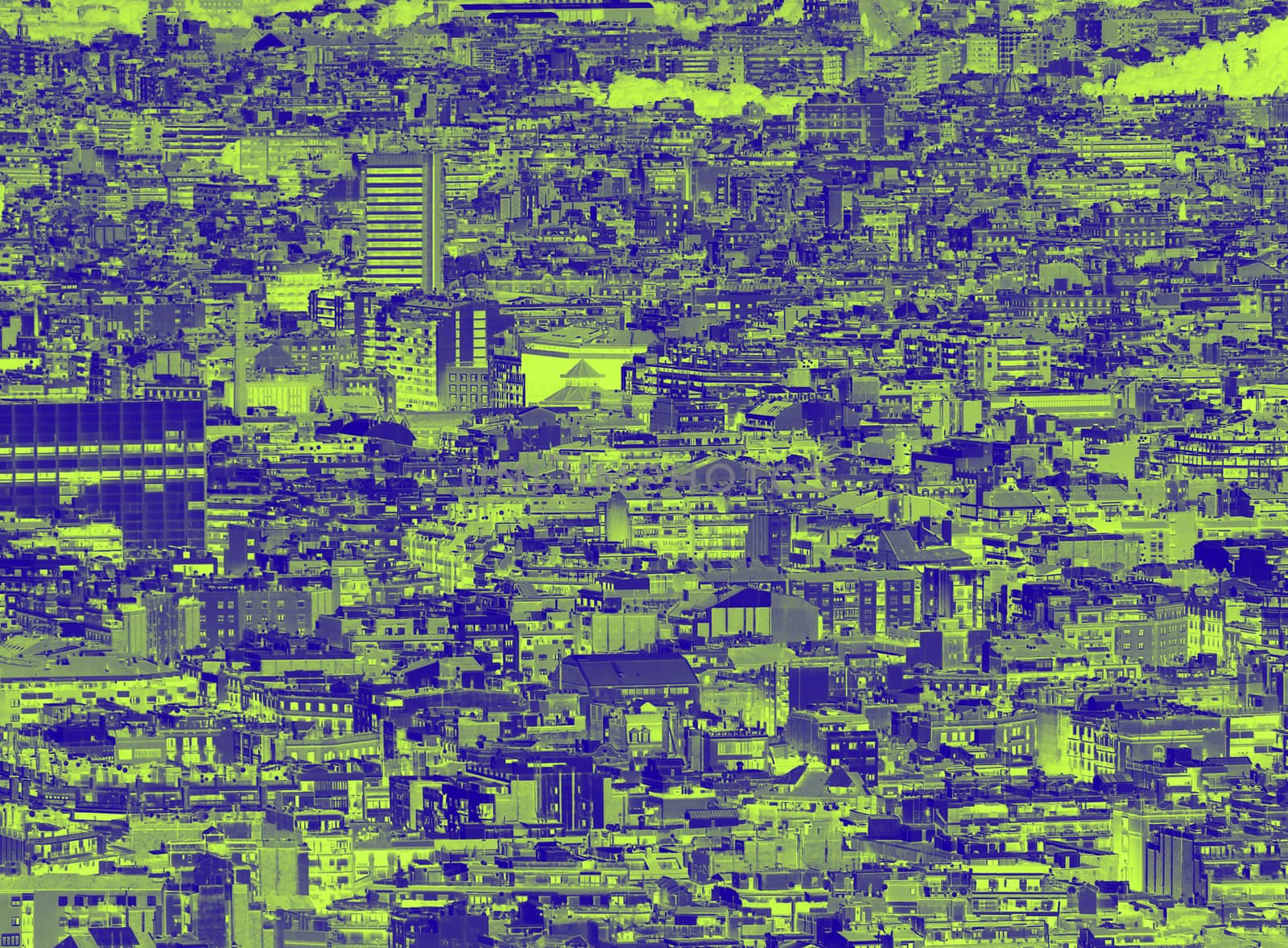 a blue and green duotone crowded urban cityscape background with hundreds of densely packed buildings