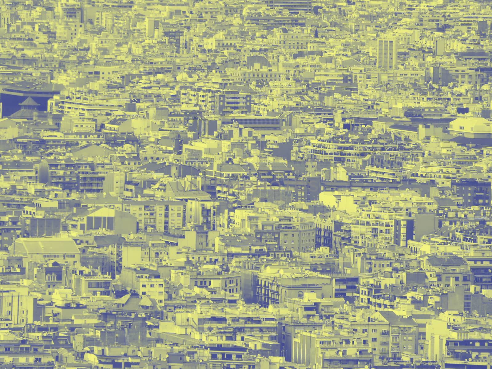 a blue and yellow duotone crowded urban cityscape background with hundreds of densely packed buildings