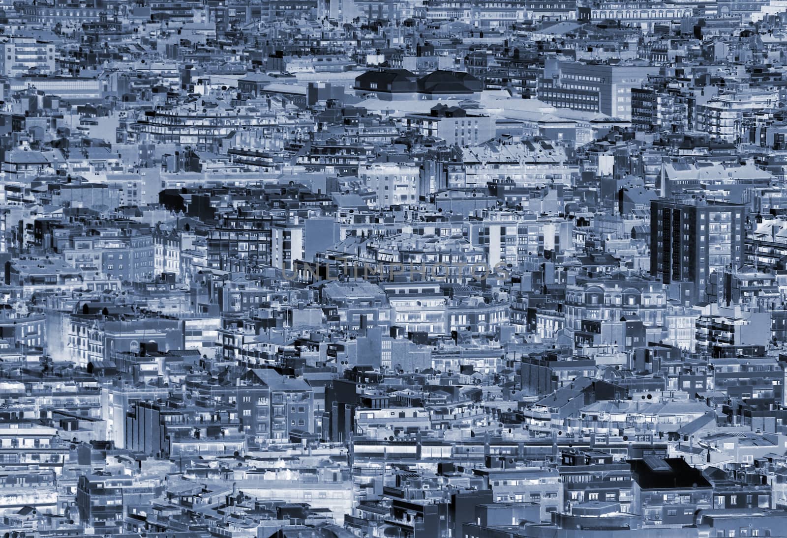 full frame abstract blue duotone modern cityscape urban landscape with dense crowded buildings