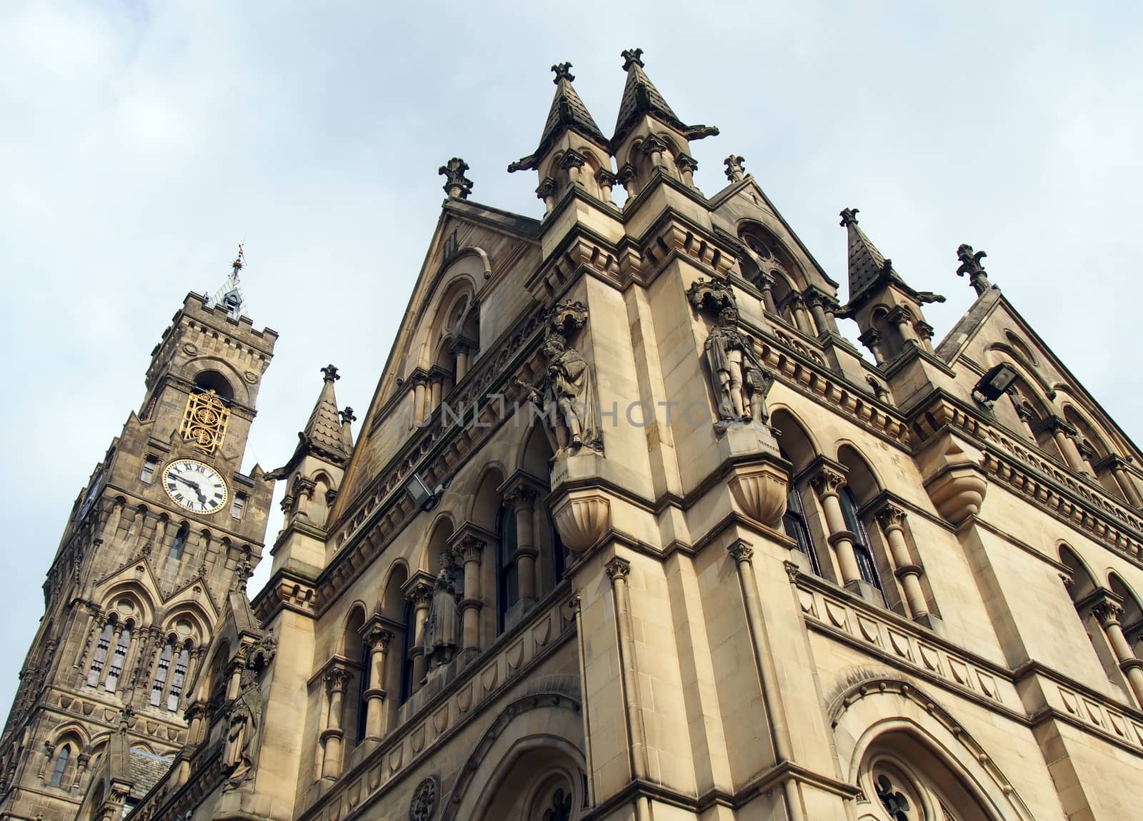 close up view of bradford city hall in west yorkshire a victorian gothic revival sandstone building with statues and clock tower