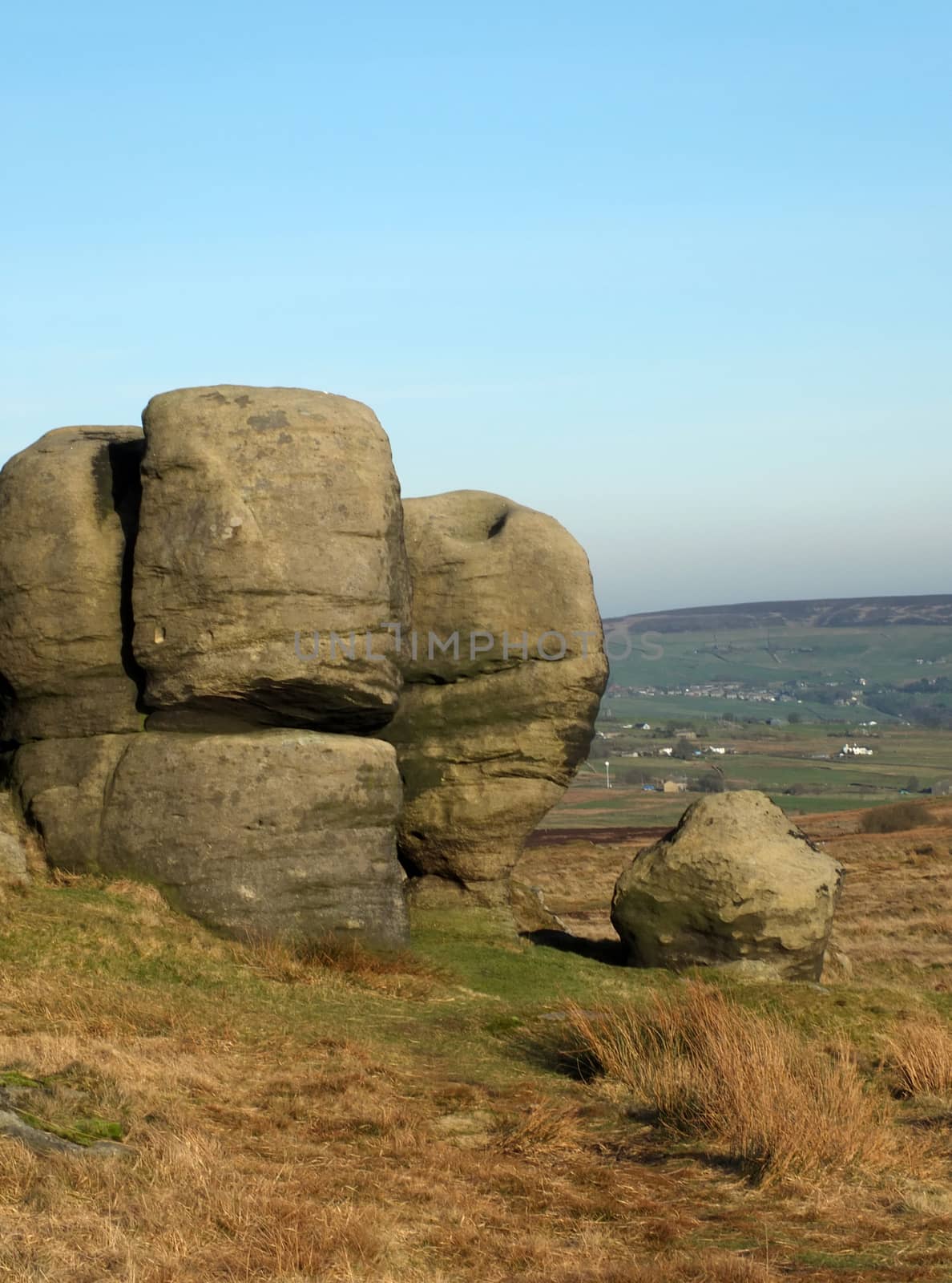 the bridestones a large group of gritstone rock formations in west yorkshire landscape near todmorden