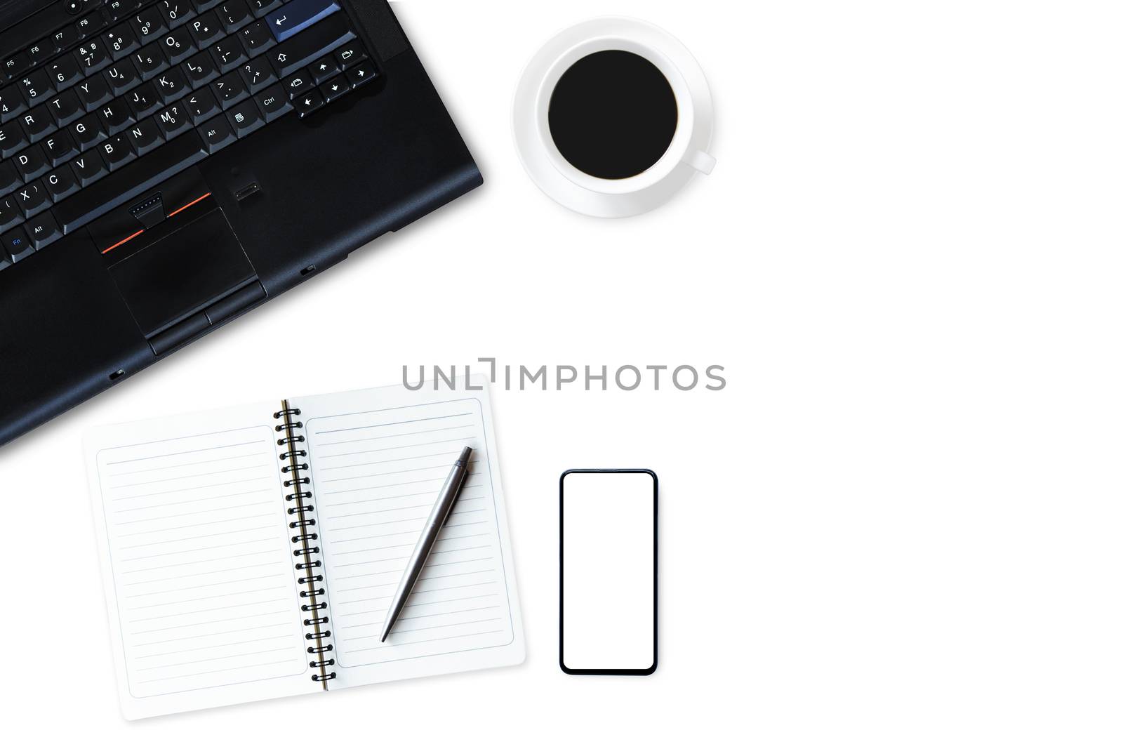Flat lay, top view office table desk. Workspace with notebook,  book note, pen , mobile and hot coffee cup on white background.