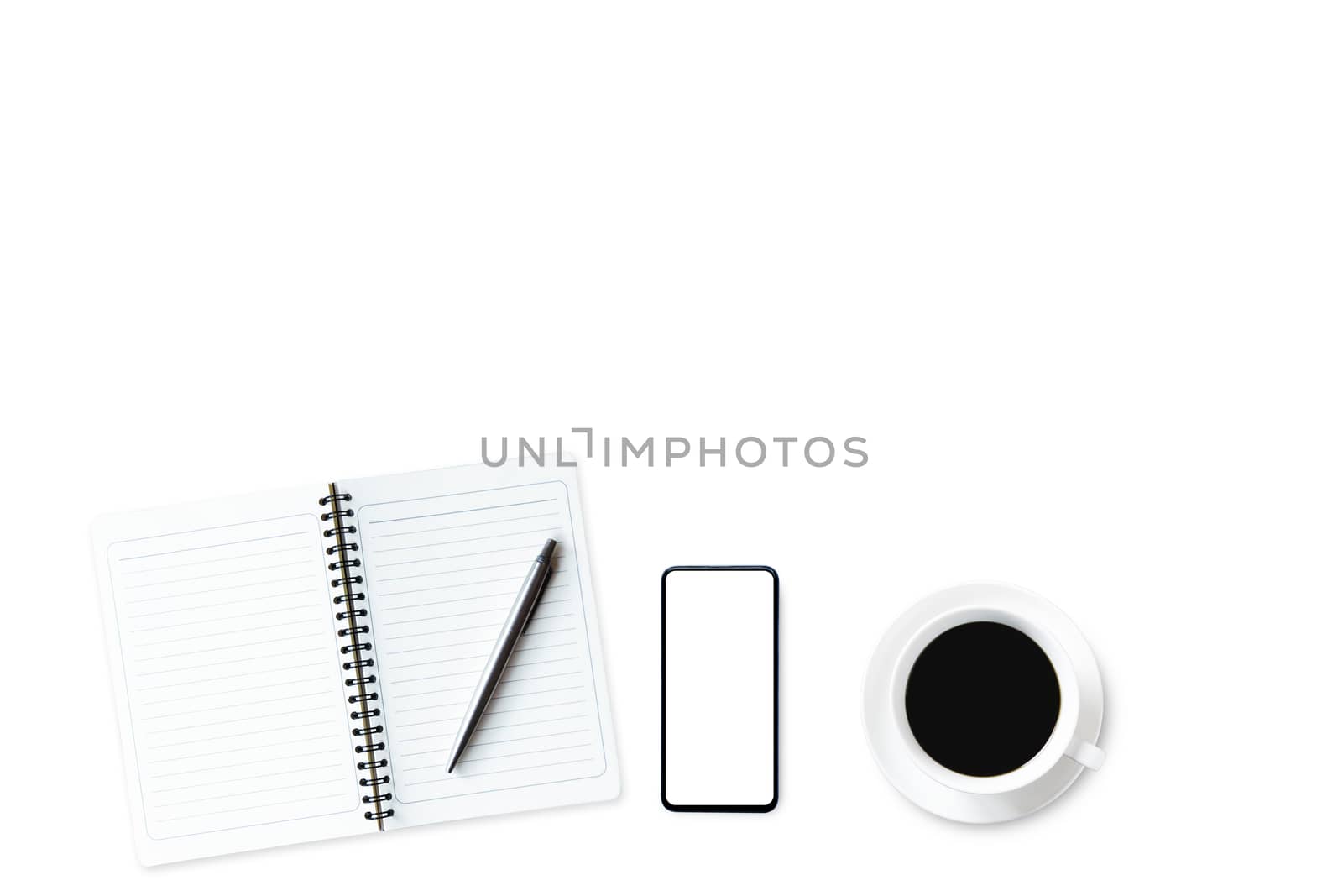 Flat lay composition with notebook, pen, hot coffee on white background.