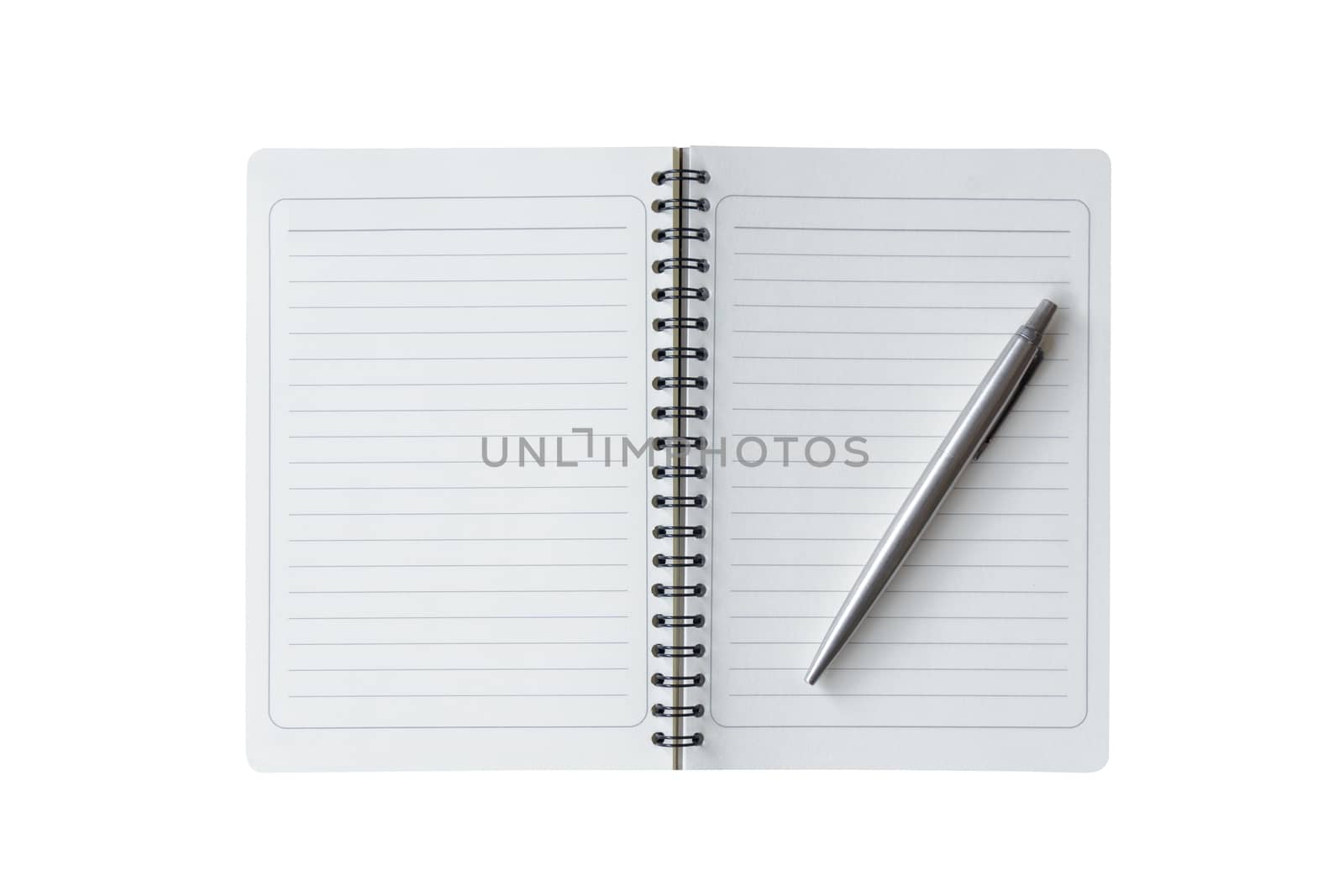 Top view, Flat lay of a open notebook and pen isolated on white background with clipping path