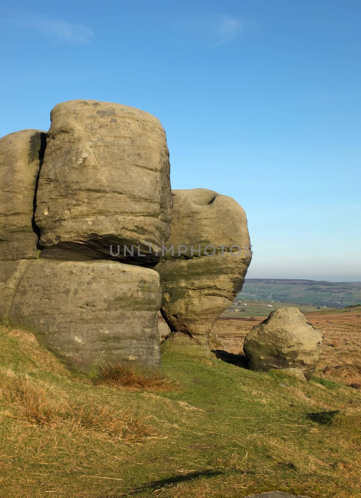 the bridestones a large group of gritstone rock formations in west yorkshire landscape near todmorden