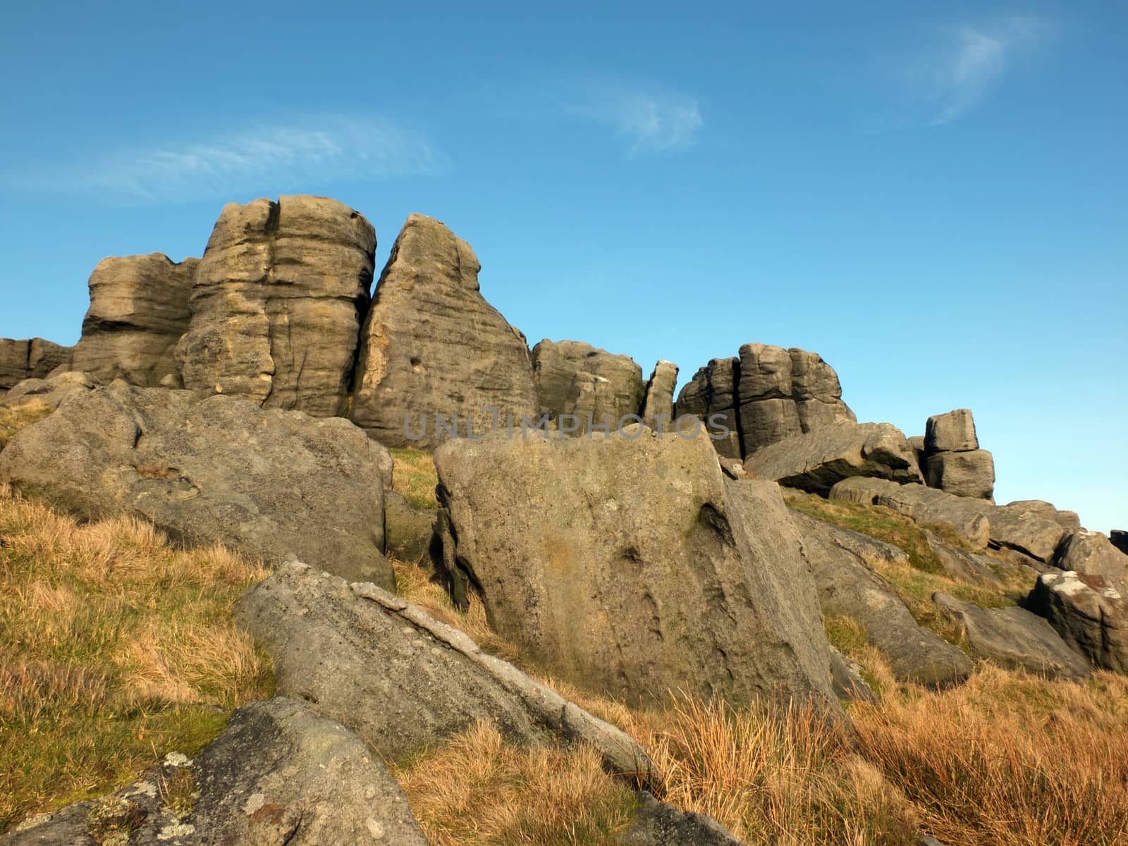 large rugged gritstone outcrop at the bridestones a large rock formation in west yorkshire near todmorden