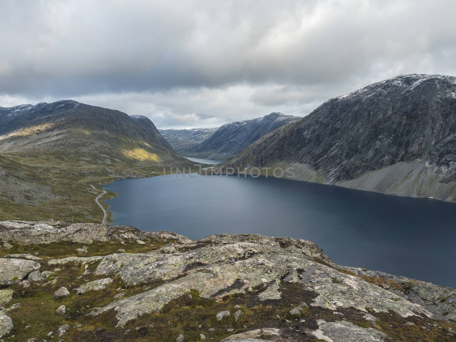 View of the Lake Djupvatnet from raod to mountain Dalsnibba plateaua. Norway, early autumn, cloudy day. Travel Holiday in Norway by Henkeova