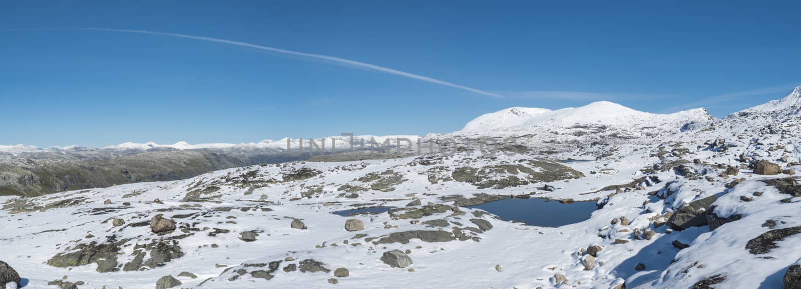 Wide Panoramic view from Krossbu on glacier Smorstabbreen, snow-capped mountains and blue lakes in Jotunheimen National Park, Western Norway.