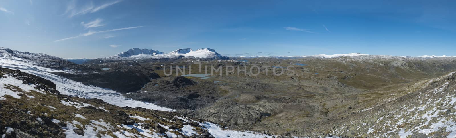 Wide panorama view from Krossbu on glacier Smorstabbreen, snow-capped mountains and blue lakes in Jotunheimen National Park, Western Norway by Henkeova