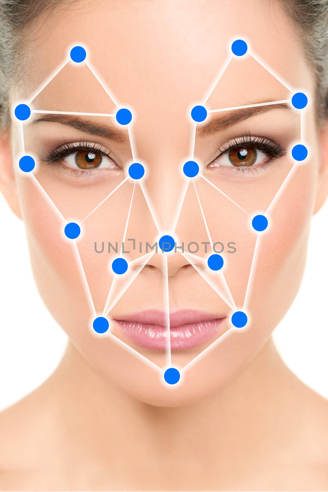 Biometric facial recognition software app technology for face identity verification identification concept. Asian woman portrait with scan illustration graphic design by Maridav