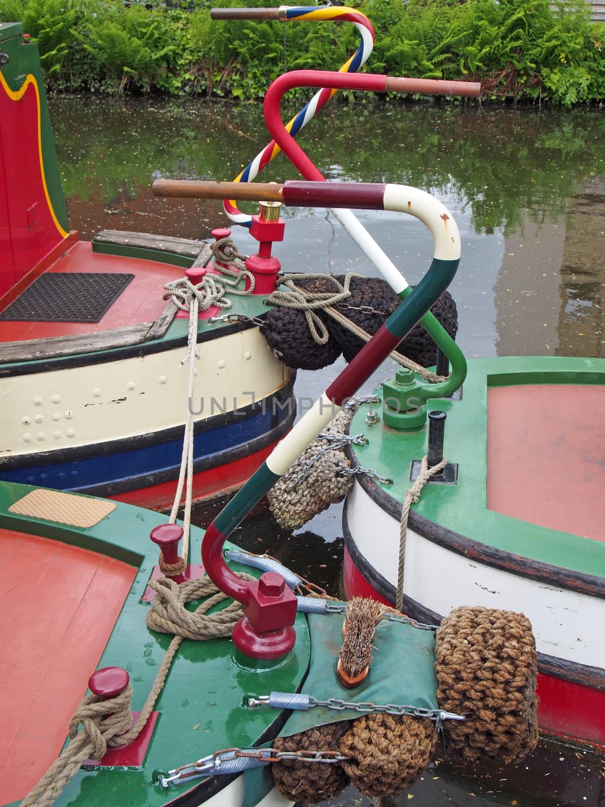 close up of the tillers of old traditional canal boats