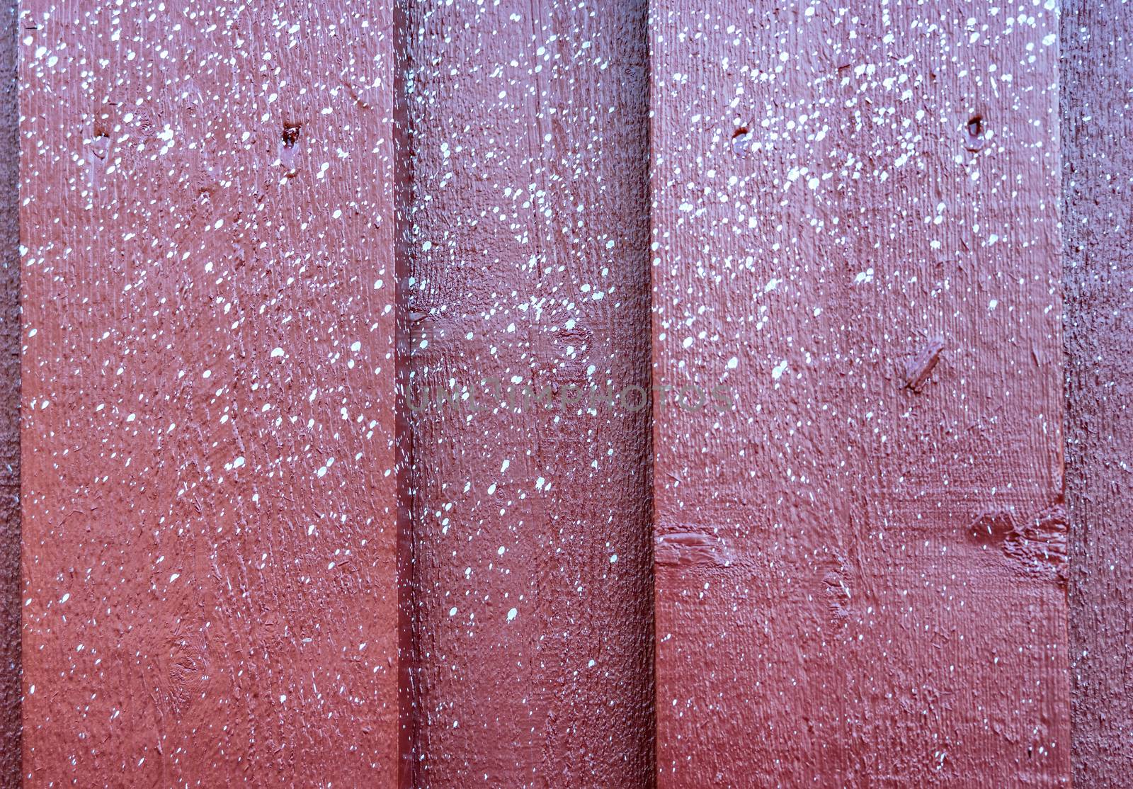 Close up view at multiple small white spots of white paint accidentally sprayed at red wooden wall.