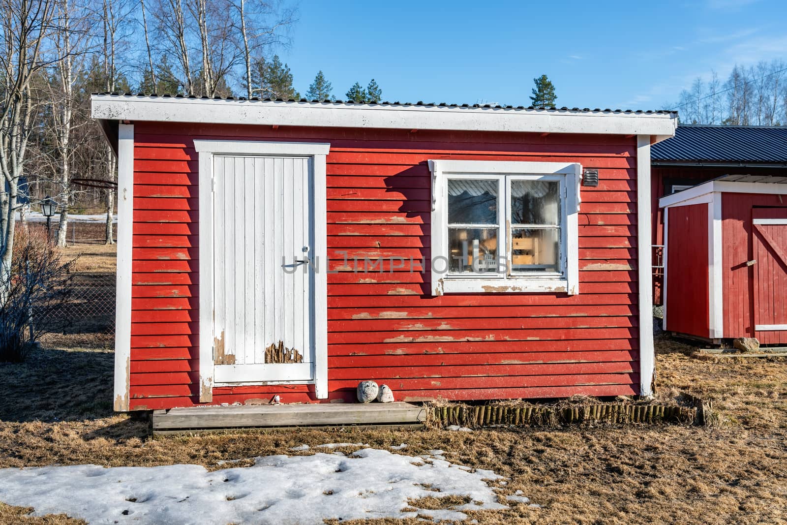 Typical small red colored guest house with one white door and white window at Swedish country side needs immediate renovation - old paint flake off, some boards are rotten by skydreamliner