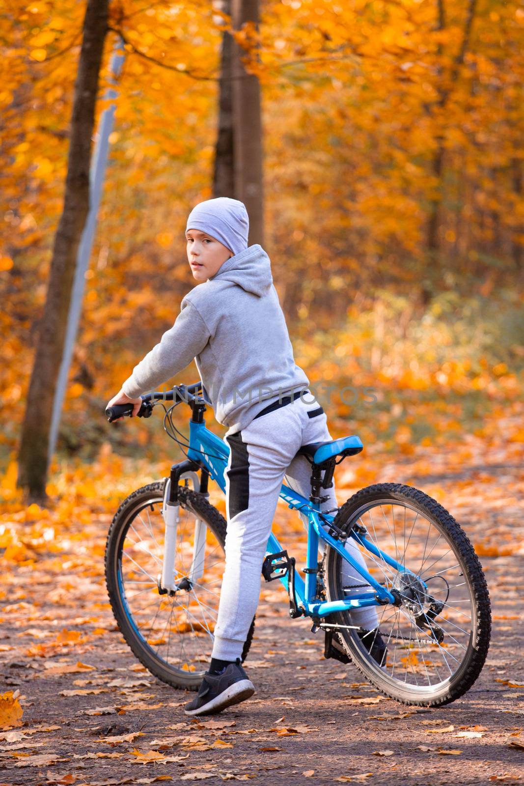 Boy riding bicycle in autumn orange maple tree park on a dirt road in the woods