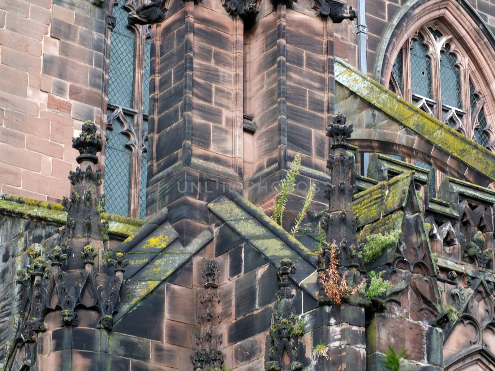 close up view of ornate moss covered medieval stonework on the historic chester cathedral