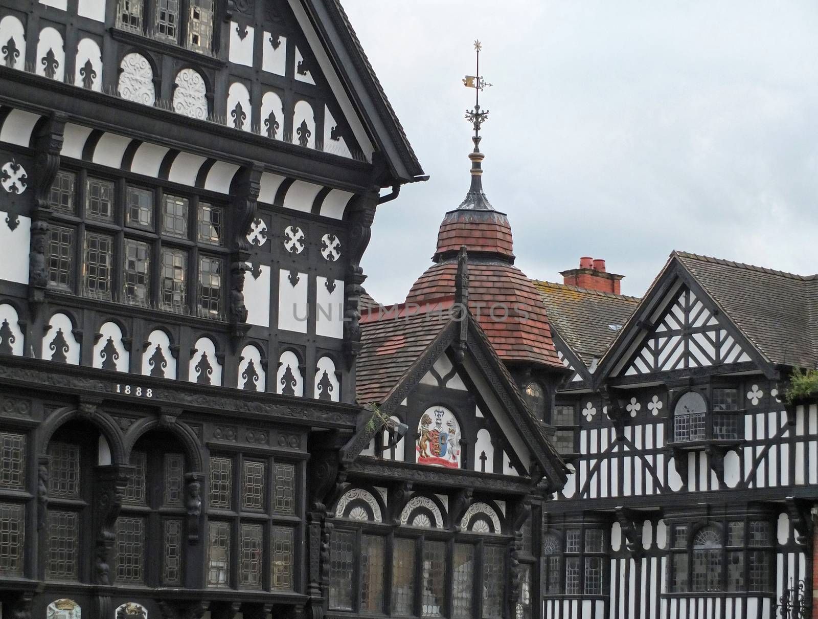ornate old half timbered gabled buildings in the historic city center of chester