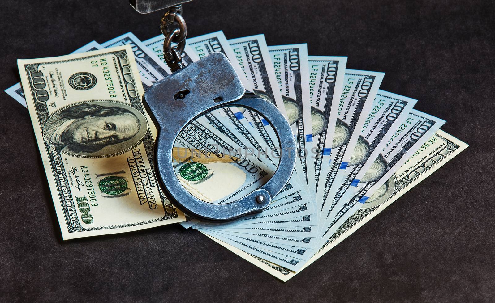 Metal handcuffs on the US currency bills

