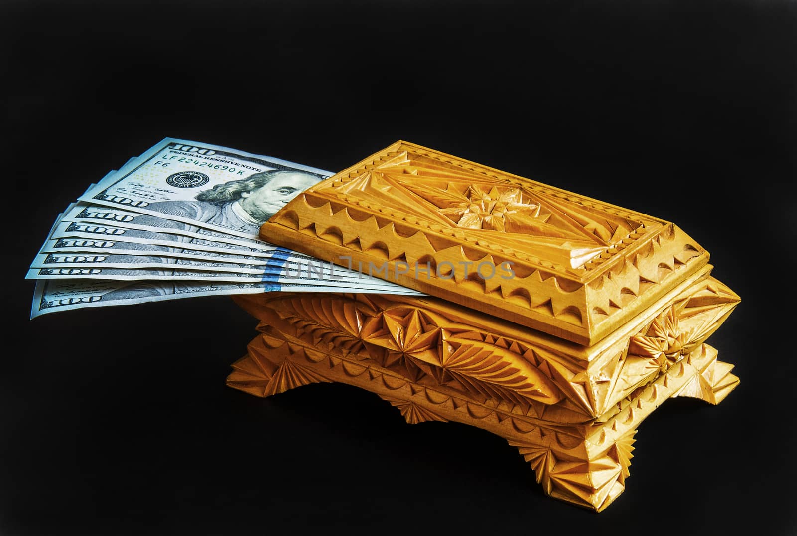 Wooden box with US 100 dollar bills by Grommik