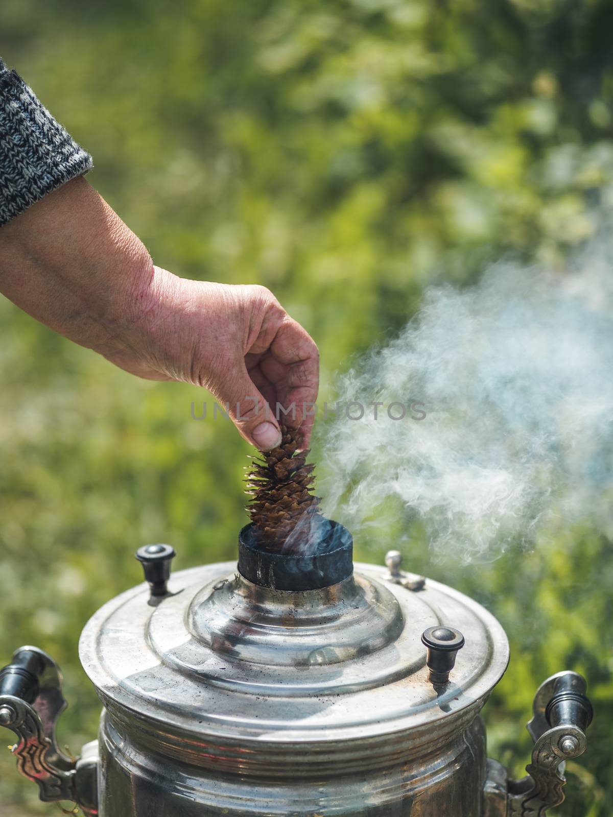 Woman hand hold cone fir near vintage smoking Samovar, the traditional russian water boiler. Fire up samovar outdoors. Vertical. Copy space for text or design.