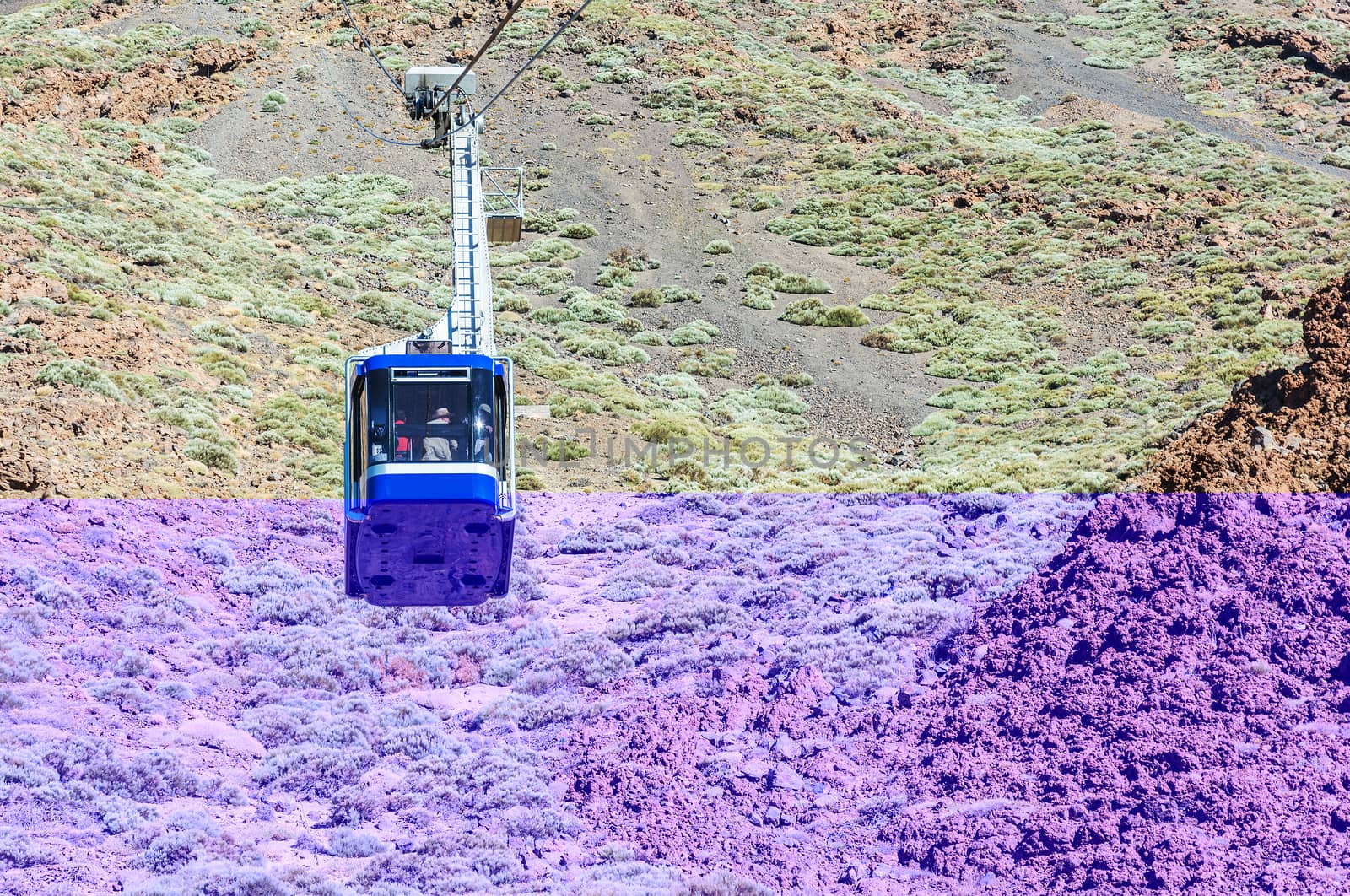Blue cabin cable car with tourists climbing ropes stretched to t by Grommik
