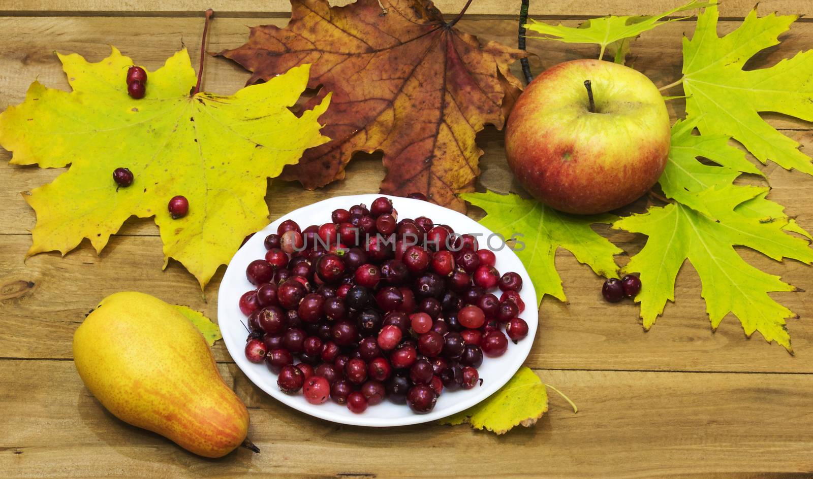 On a wooden surface is white plate with cranberries. Next to them are autumn leaves, pear and apple.