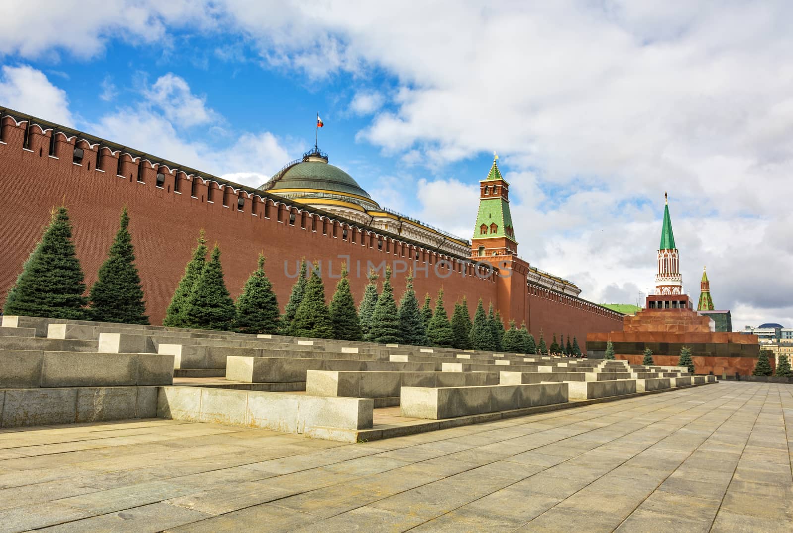 Part of the Kremlin wall with towers, and the mausoleum of VI Lenin on Red Square (Moscow, Russia)