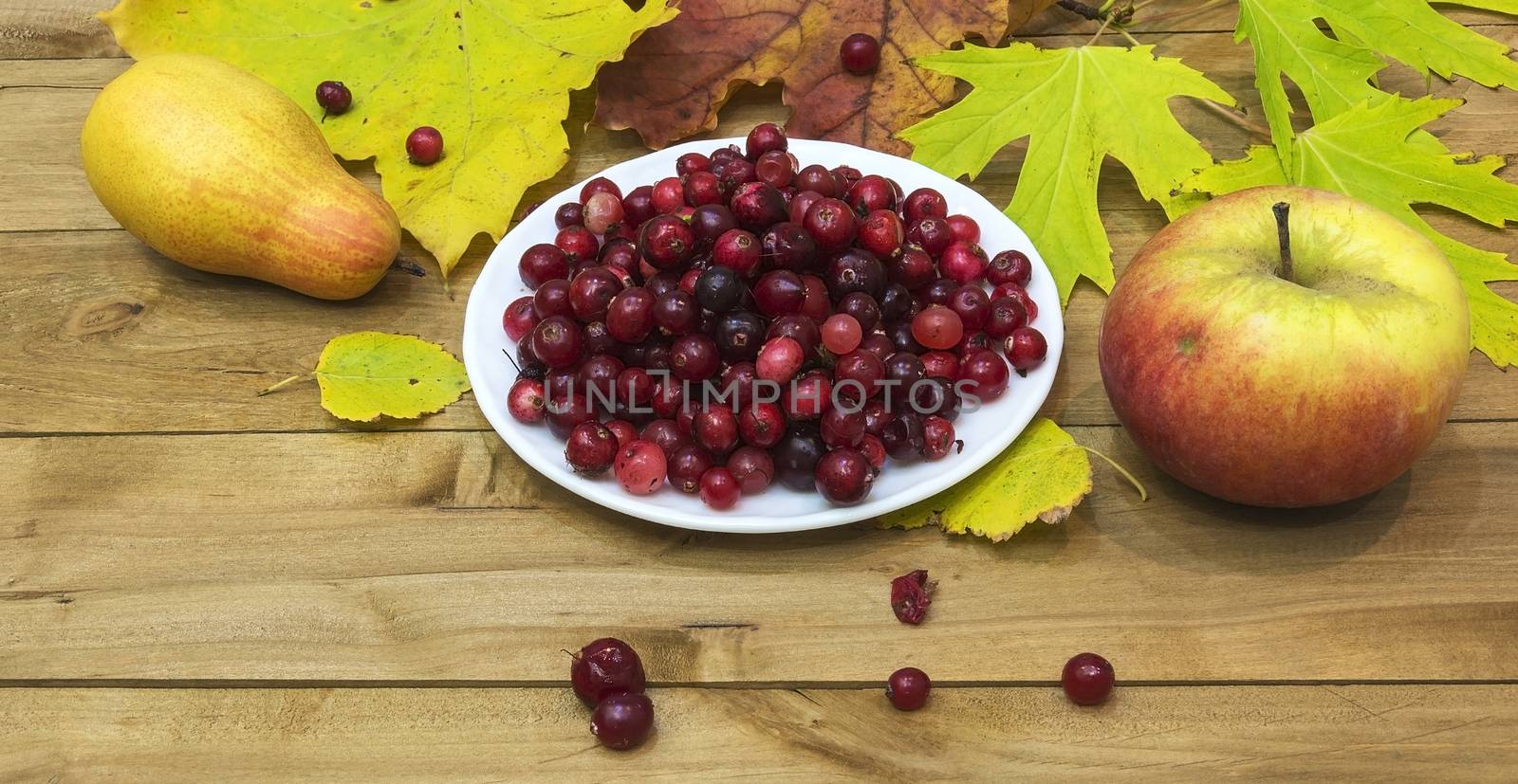 On a wooden surface lie autumn leaves with apple and pear, and is white plate with cranberries.