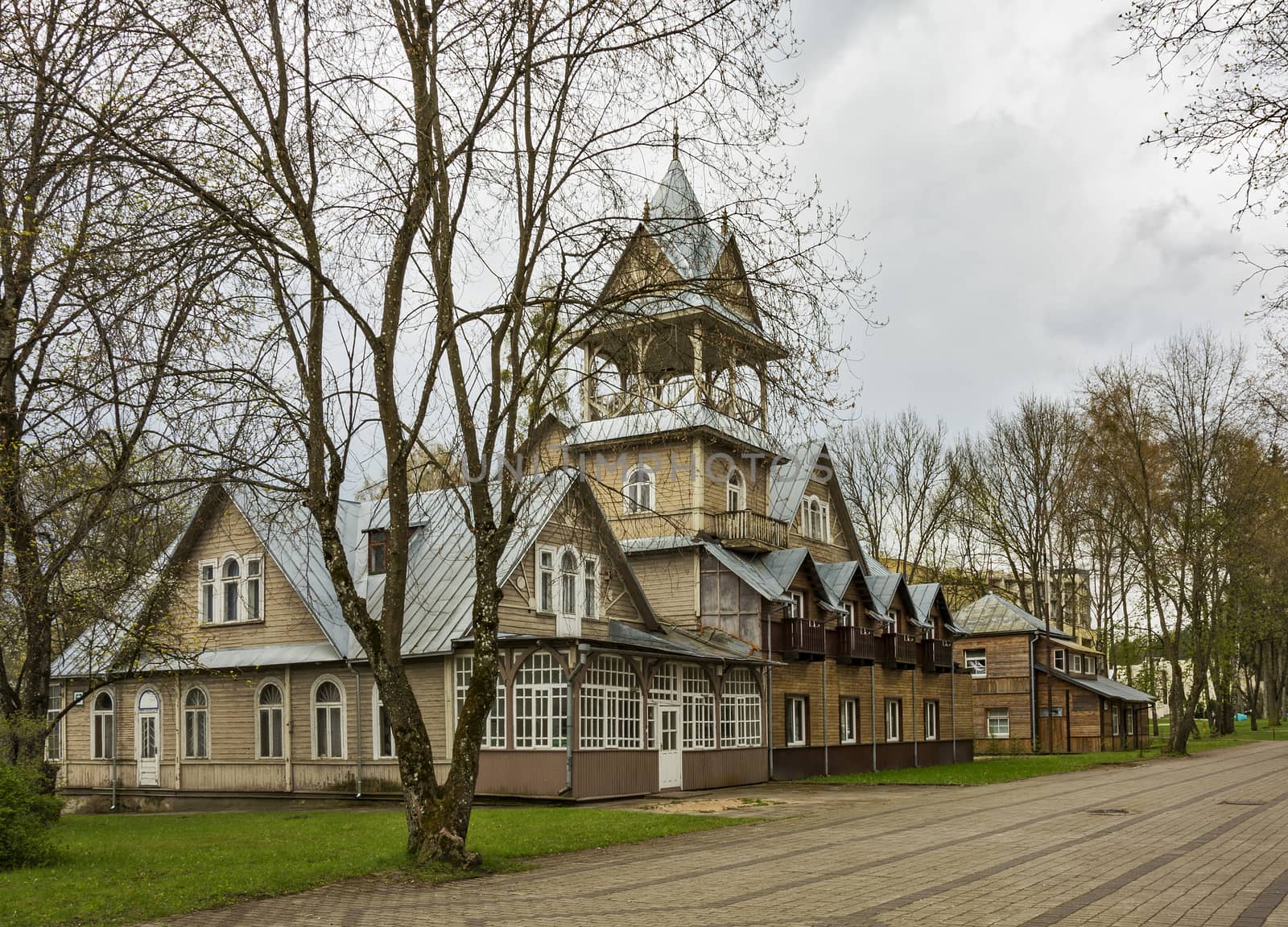 Lithuania, Druskininkai - 30/04/2016 Wooden house 3 floors with a veranda under the steeple