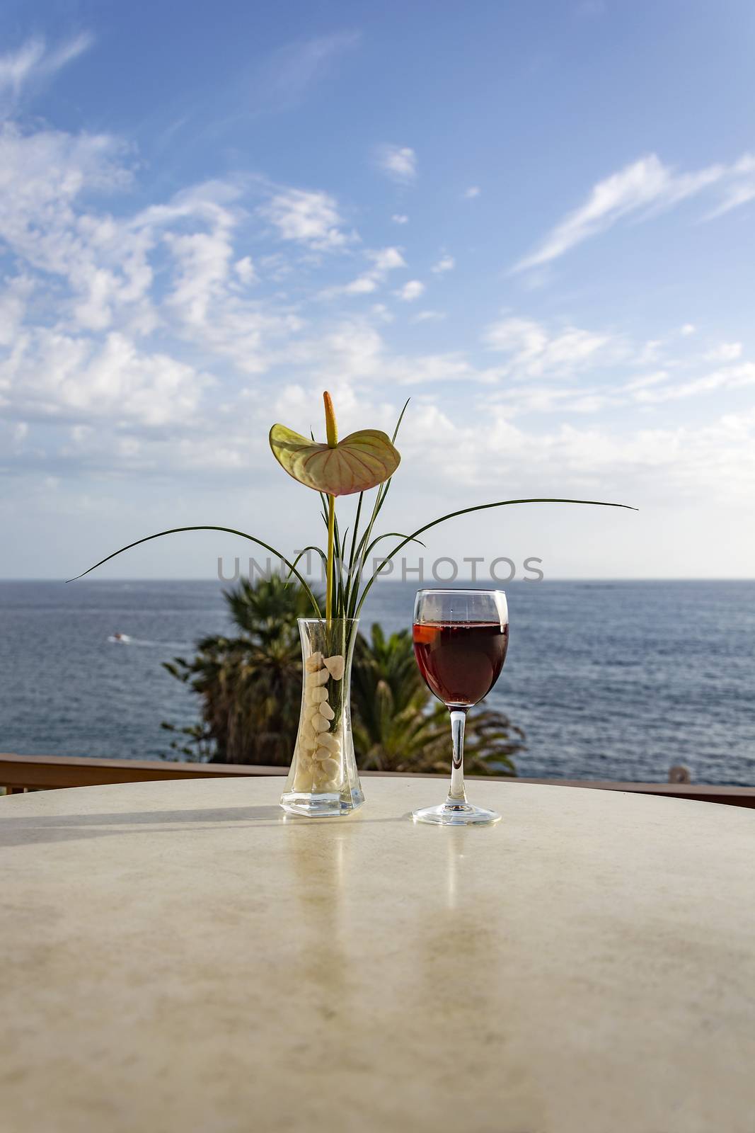 Against the background of the sea horizon is a glass of red wine and a vase of calla flower