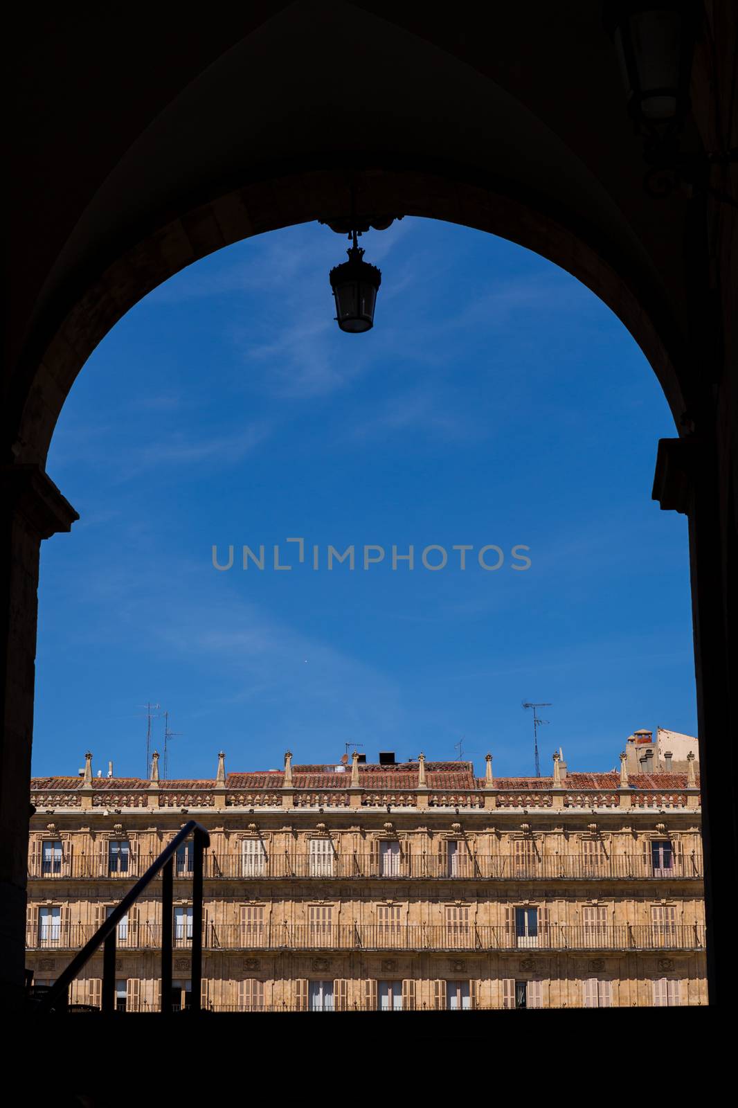Salamanca, Spain - April, 28, 2019: Plaza Mayor entrance, Salamanca. Salamanca city, Castile and León, Spain.