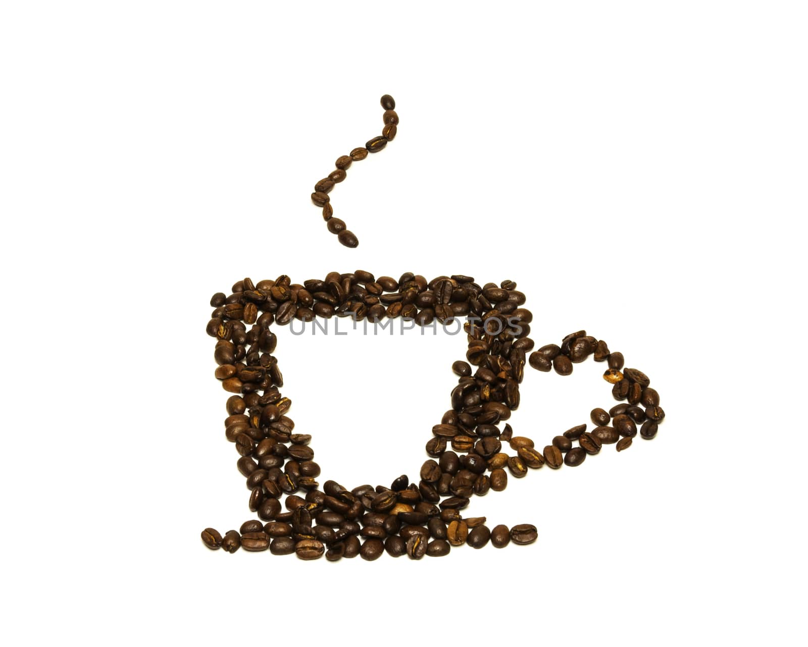 From coffee beans painted silhouette of a cup of hot drink on a white background