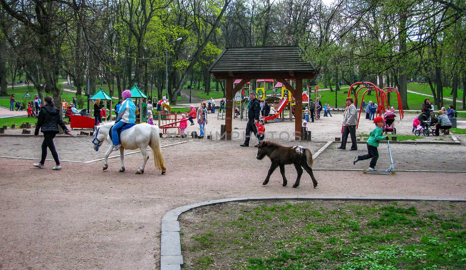 Children with parents walking in the playground by Grommik