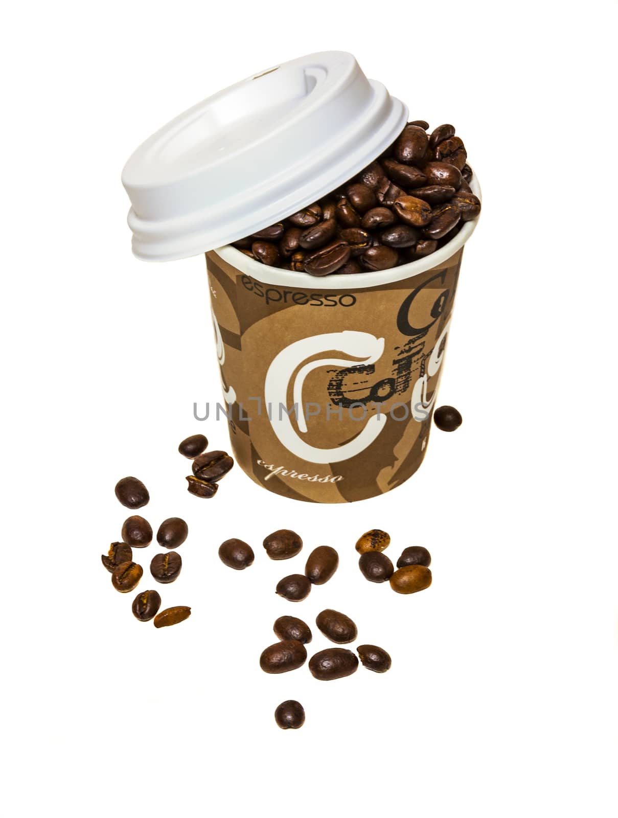 Paper cup of coffee with a plastic cap filled with coffee beans by Grommik