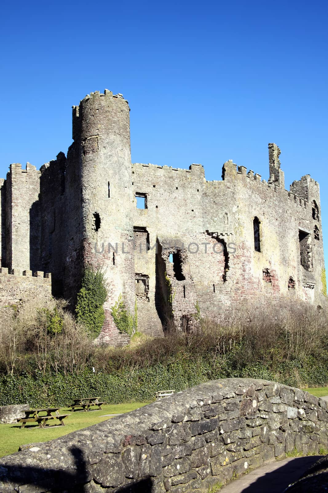 Laugharne Castle Carmarthenshire Wales UK a ruin 12th century medieval fort a popular travel destination landmark attraction for a visitor to the town stock photo