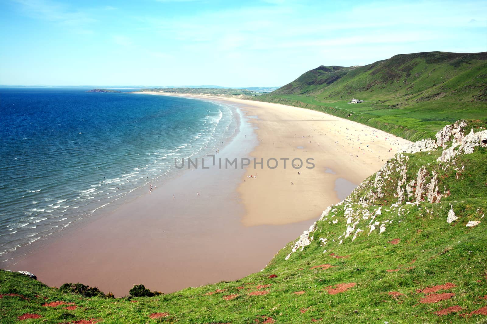 Rhossili Bay, Rhossili, on the Gower Peninsular, West Glamorgan, Wales, UK, which is a popular Welsh coastline travel destination attraction of outstanding beauty and a World Heritage Site stock photo