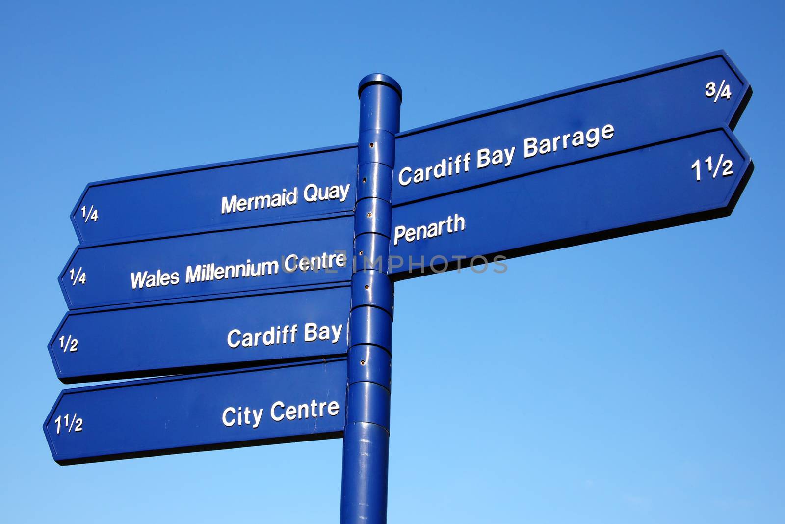 Cardiff Bay Wales street signpost giving directions of some of the most popular landmark travel destination attractions of the city stock photo