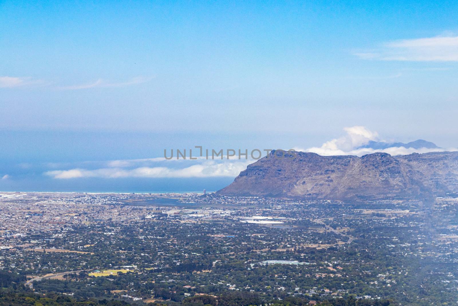 False Bay and Muinzenberg, Claremont and Newlands in Cape Town. Panorama view.