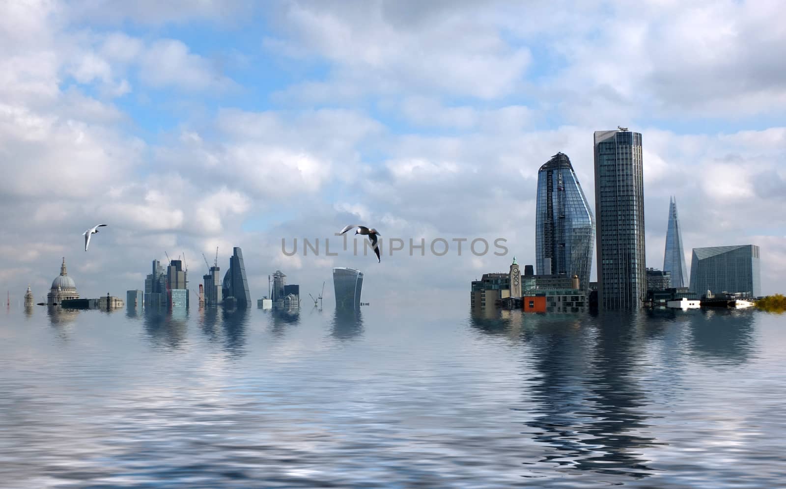 manipulated conceptual image of the city of london with buildings flooded due to global warming and rising sea levels and gulls