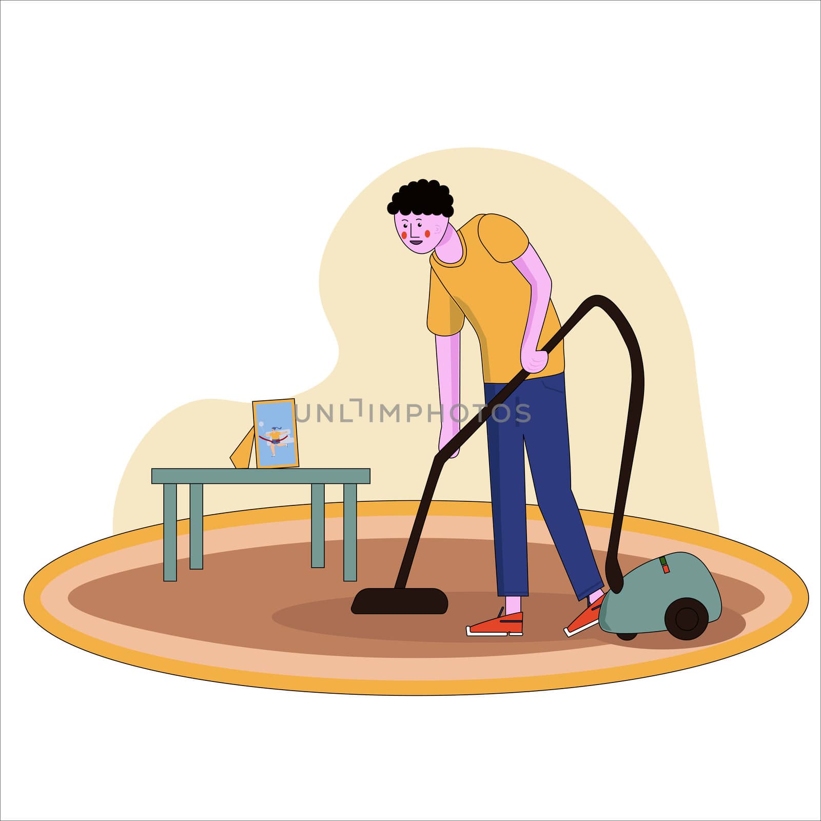 A illustration of father vacuuming the carpet in the house in cartoon style with line by zaryov