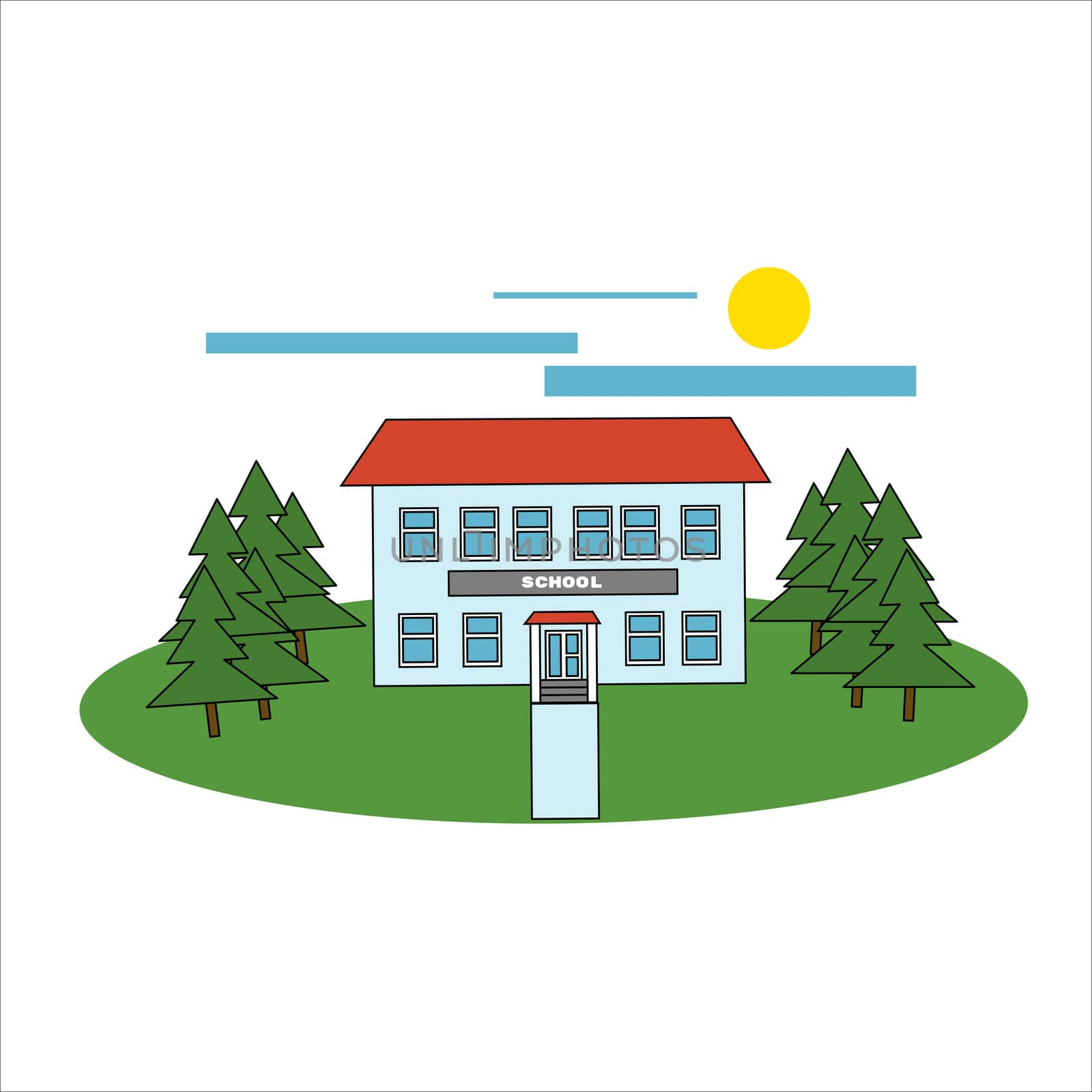 School building and bus. illustration in filled outline style