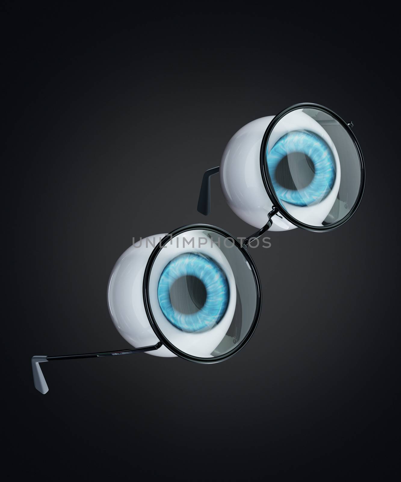 The blue eyeball of the human eye and black round glasses floating in a dark background. The concept of people is eye problems or nearsightedness in a surreal style. 3D illustration rendering.