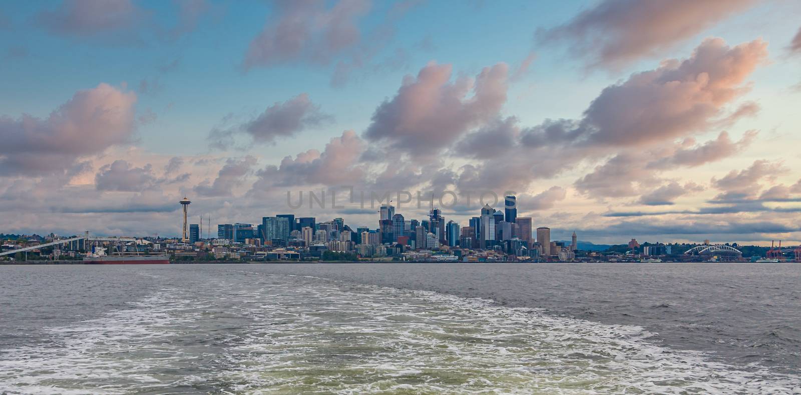 The city of Seattle from Sea Across Wake in Puget Sound