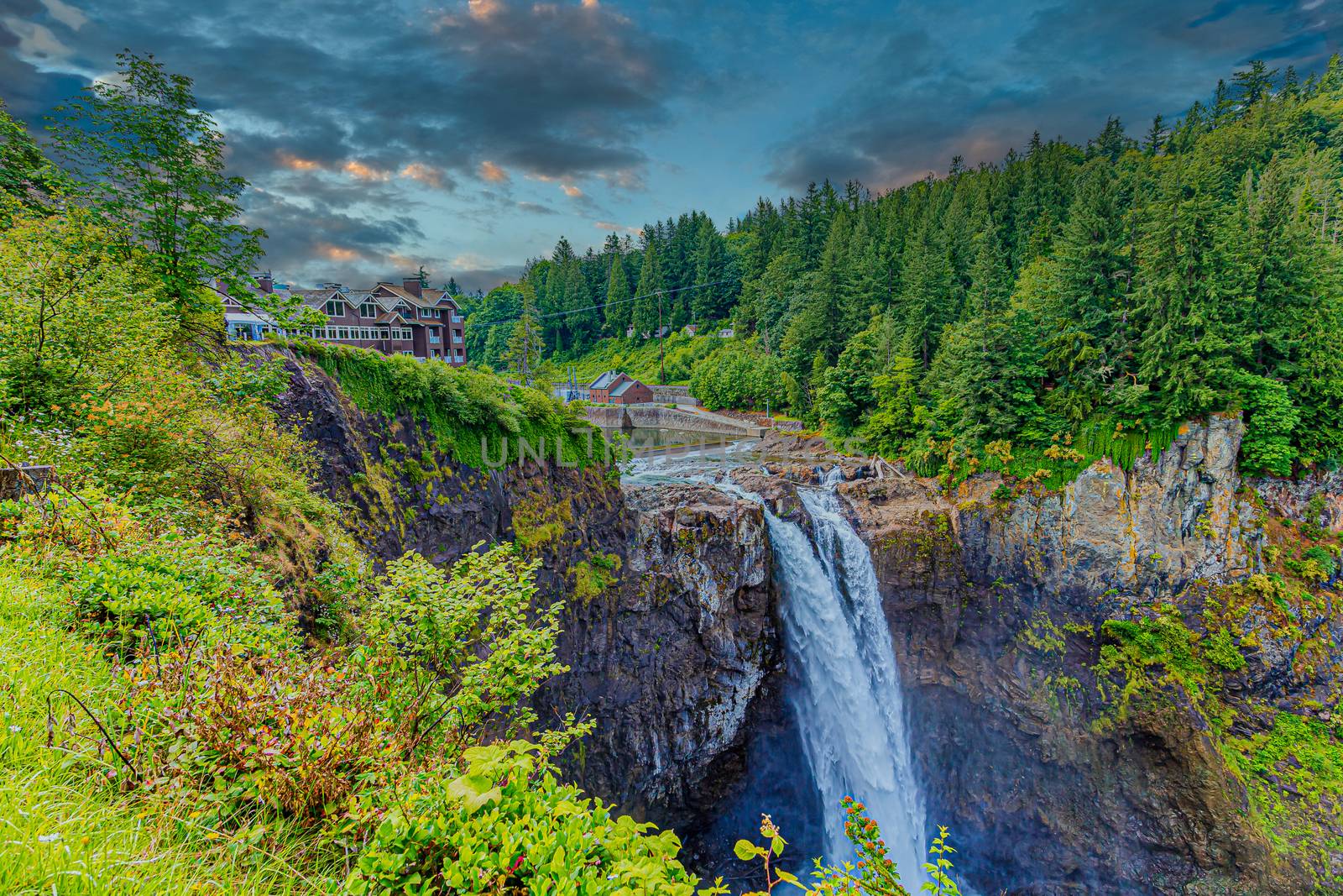 Snoqualmie Lodge and Falls at Sunset by dbvirago