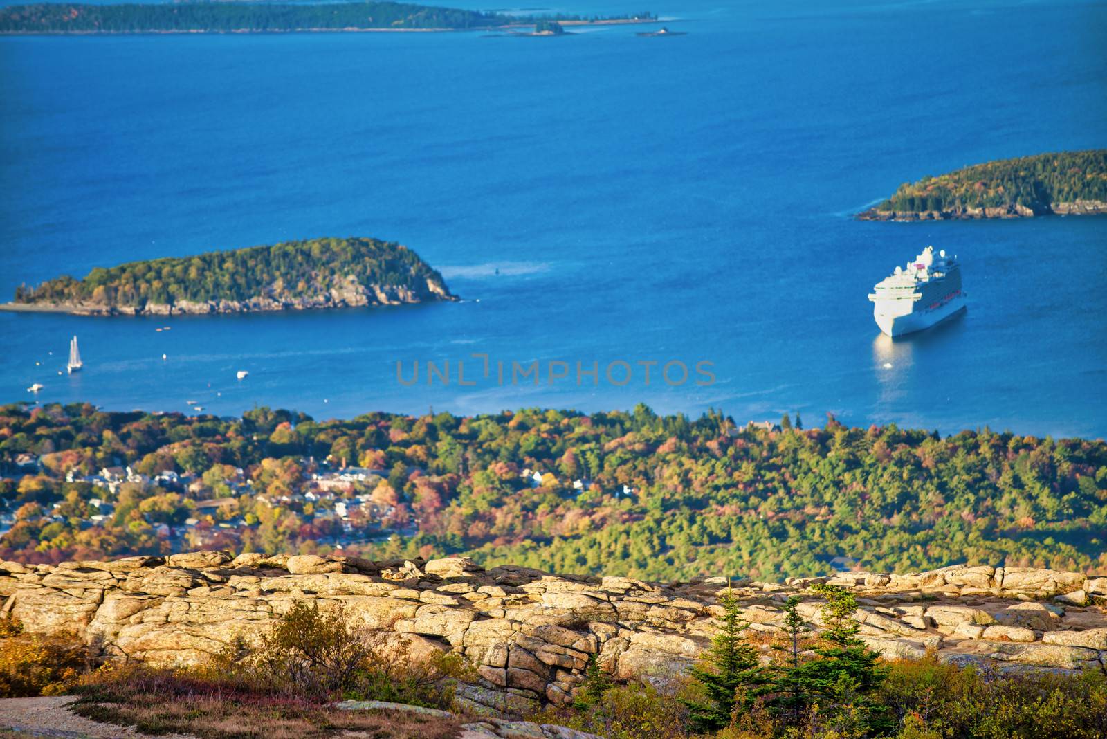 Ocean and coastline of Acadia National Park in foliage season, USA.