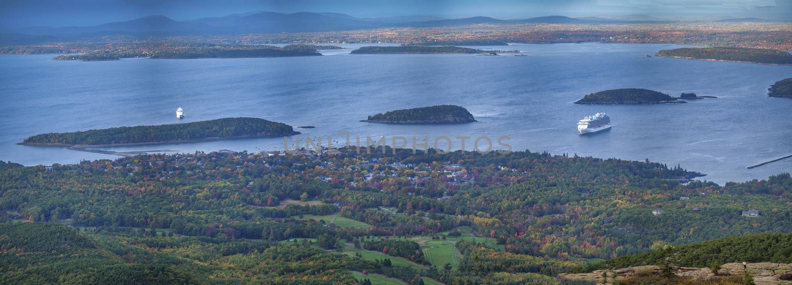 Panoramic view of beautiful New England foliage landscape from Cadillac Mountain Overview