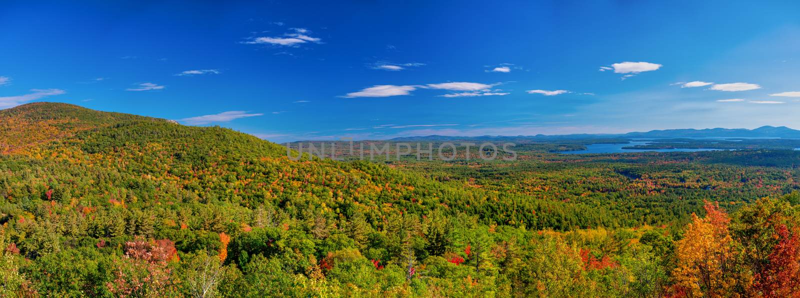 Panoramic aerial view of beautiful New Hampshire foliage mountains.