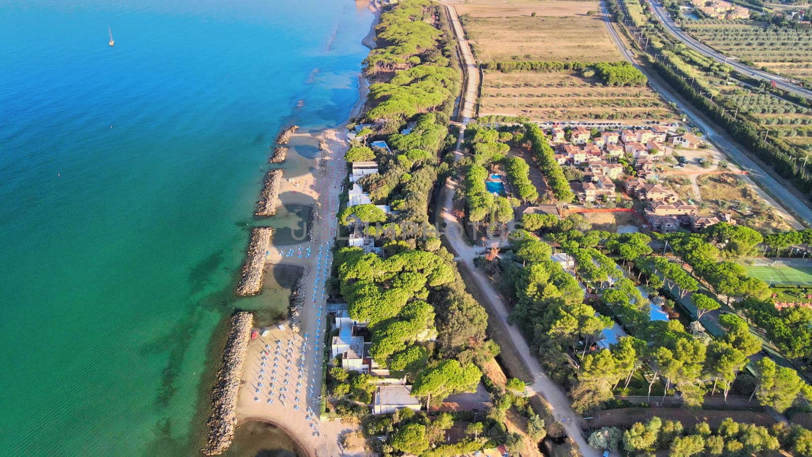 Amazing aerial view of Tuscany coastline, Italy from the drone.