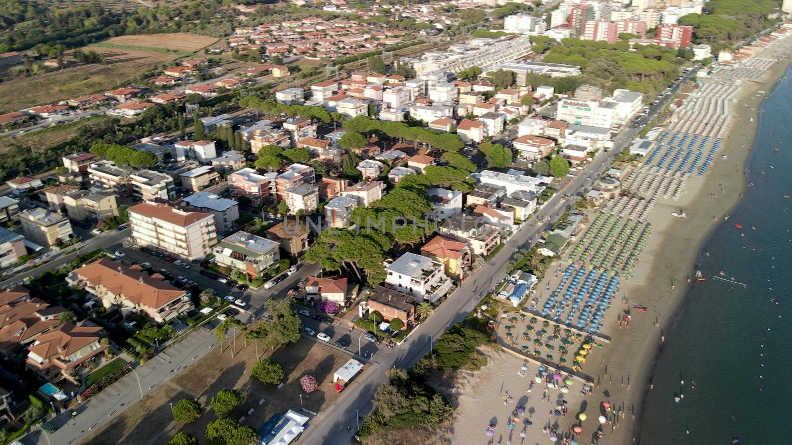 Amazing aerial view of Tuscany coastline, Italy from the drone.