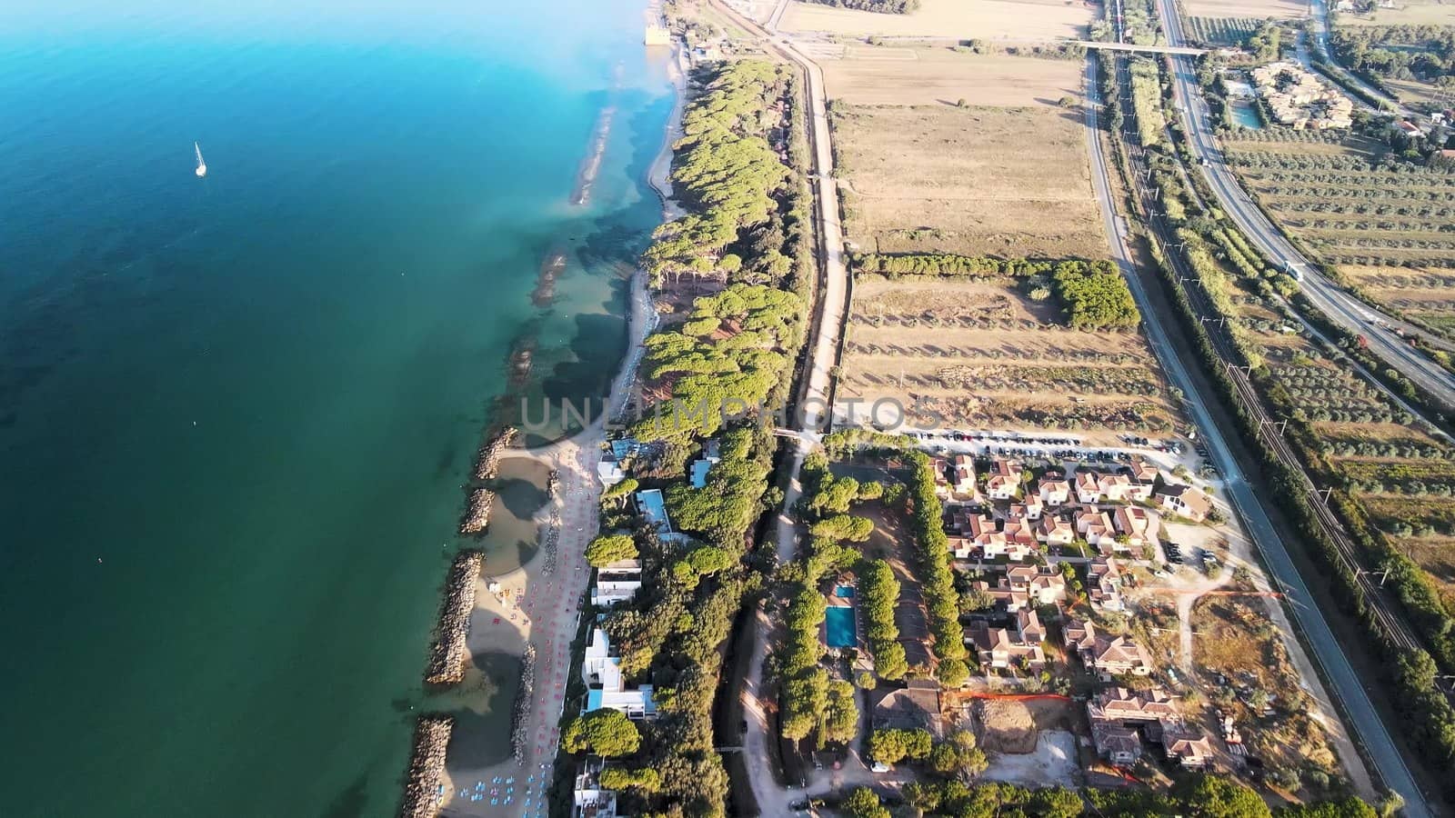 Amazing aerial view of Tuscany coastline, Italy from the drone.