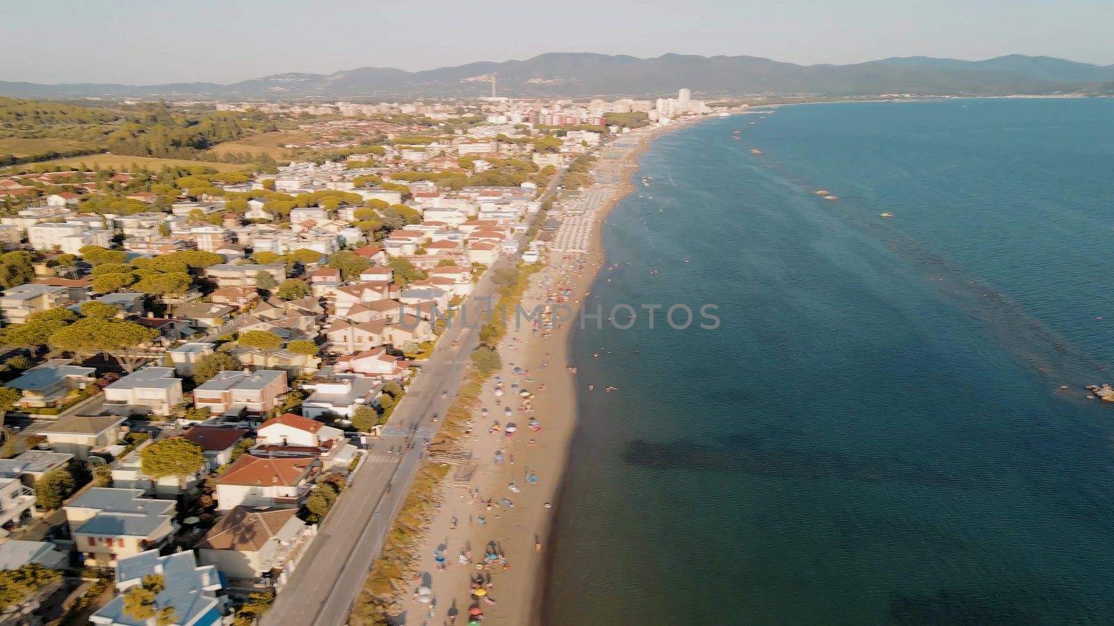 Amazing aerial view of Tuscany coastline, Italy from the drone.